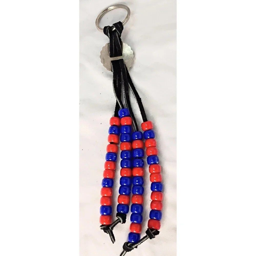 Vintage Red and Blue Beaded Keychain with Small Round Conch